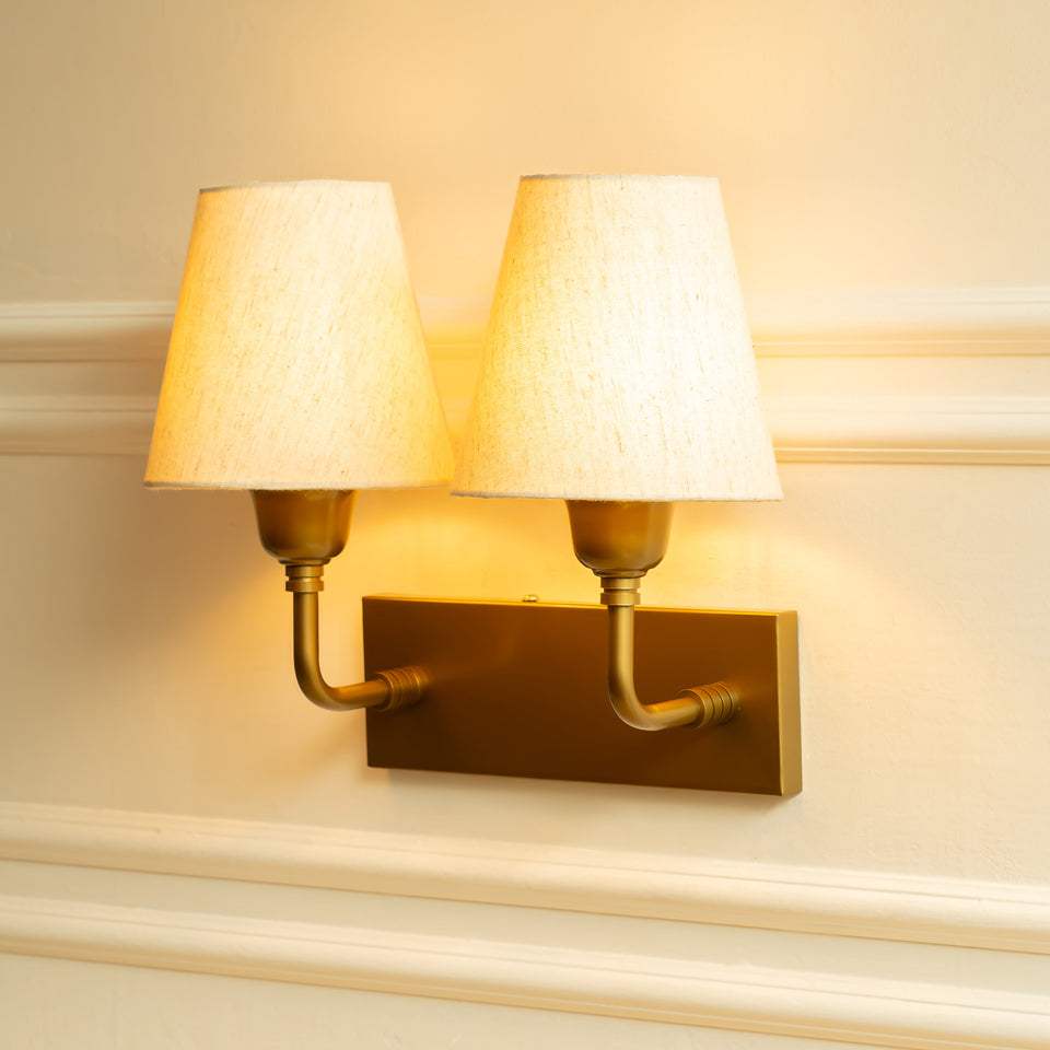 Divine Trends Brass Antique Finish Double Elbow Wall Lamp with Off White Lampshade