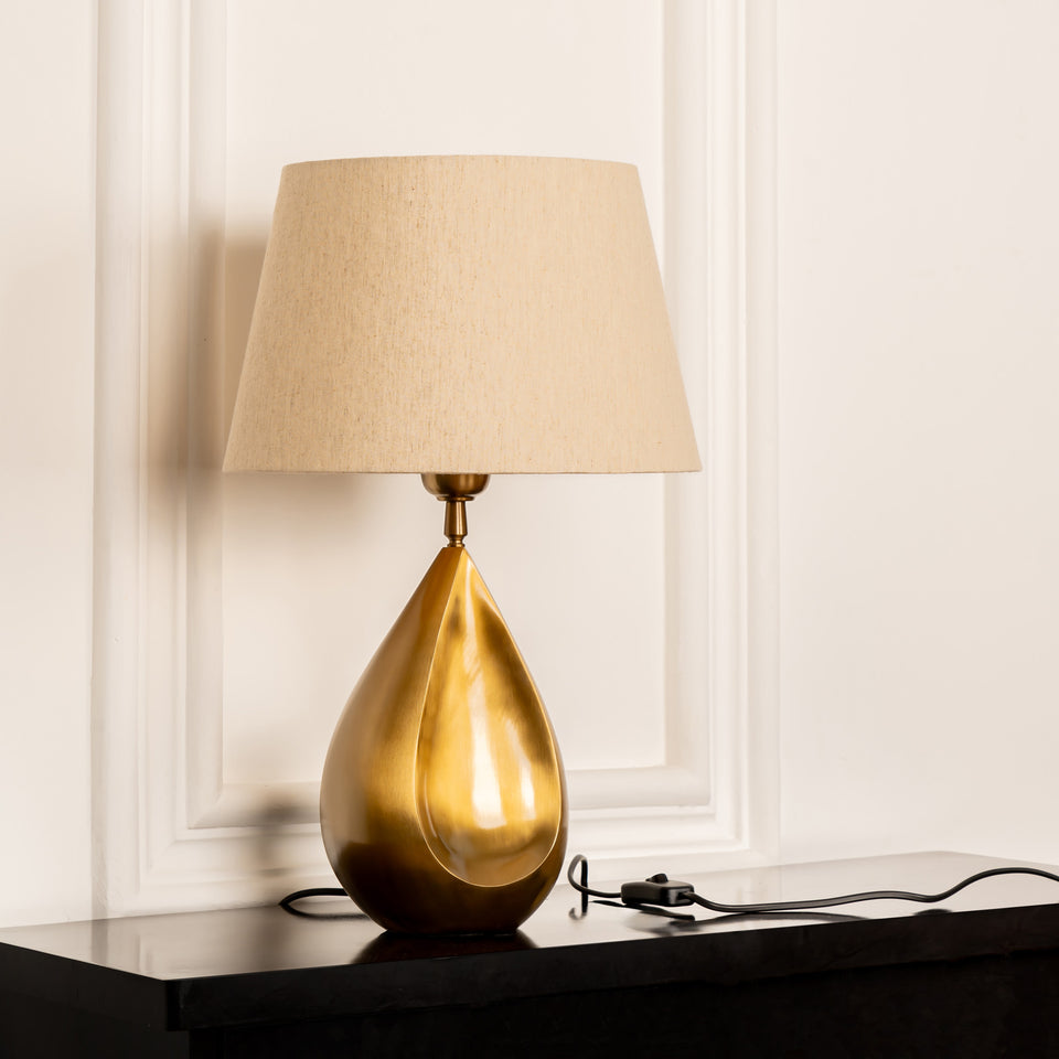 Divine Trends Drop Antique Brass Finish Table Lamp with Off White 12 inches Lampshade