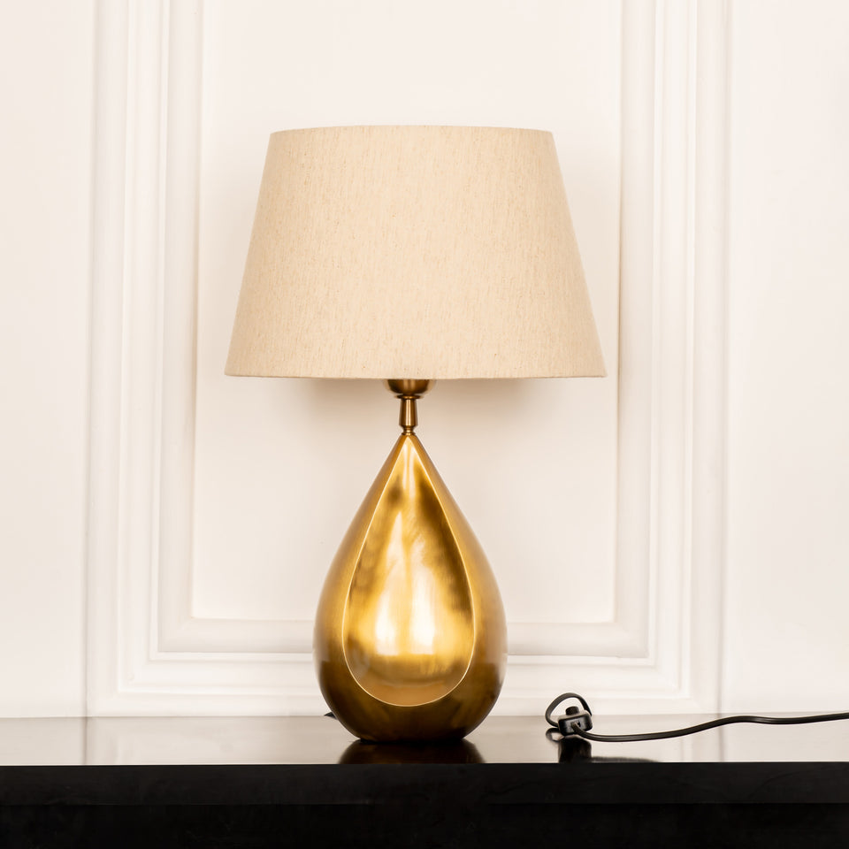 Divine Trends Drop Antique Brass Finish Table Lamp with Off White 12 inches Lampshade