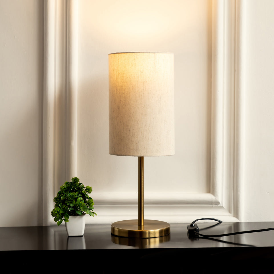 Divine Trends Bedroom Table Lamp Antique Brass Finish 19 inches Height with Off White Cylinder Lampshade