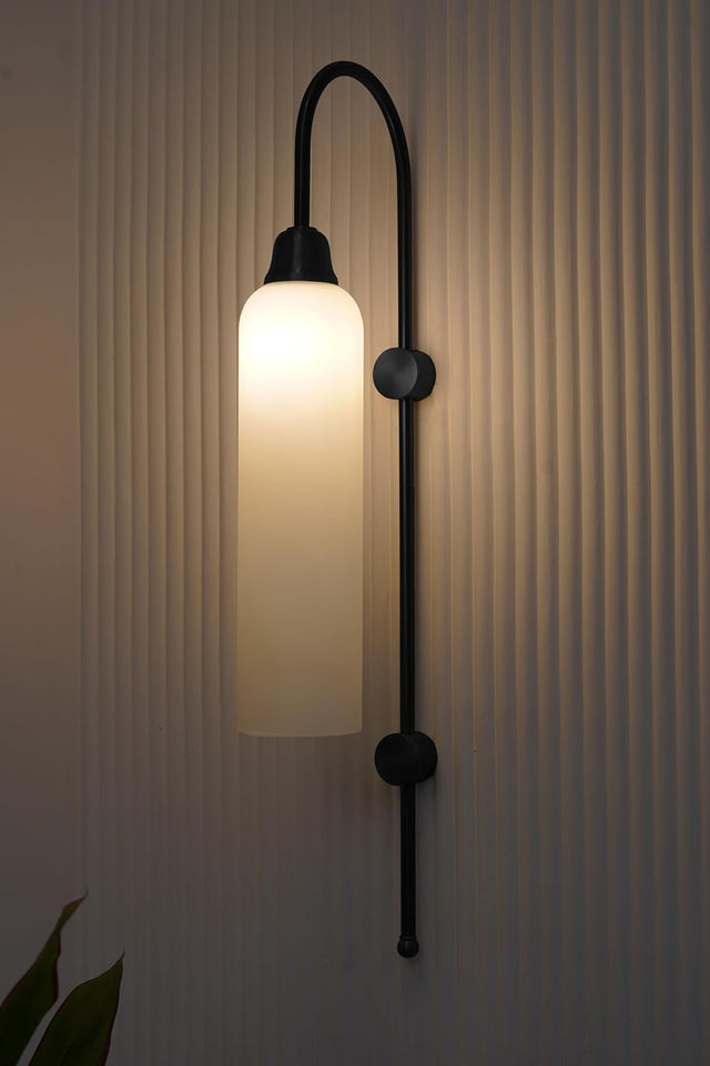 Divine Trends Modern Wall Lamp Antique Black Polished with Frosted Milky White Long Glass for Bedside, Living Room, Bedroom, Home Decoration, Restaurant | Wall Light - Pack of 1