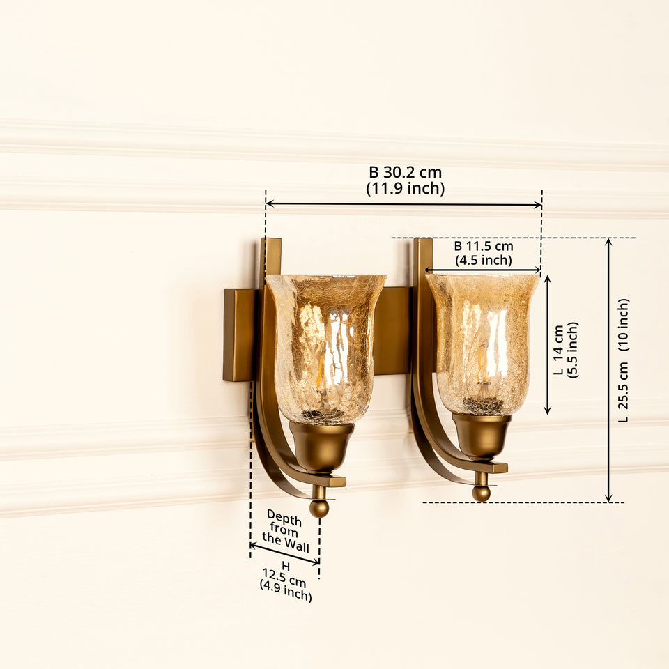 Divine Trends Brass Antique Finish Double J Wall Lamp with Chimney Crackled Glass Golden Luster Shade
