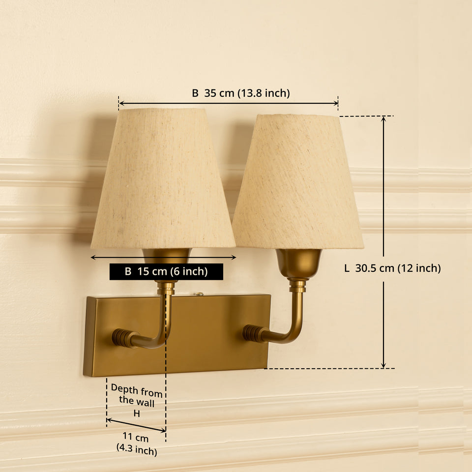 Divine Trends Brass Antique Finish Double Elbow Wall Lamp with Off White Lampshade