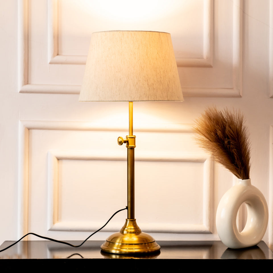 Divine Trends Brass Antique Finish Adjustable Height Table Lamp with Off White 12 inches Lampshade