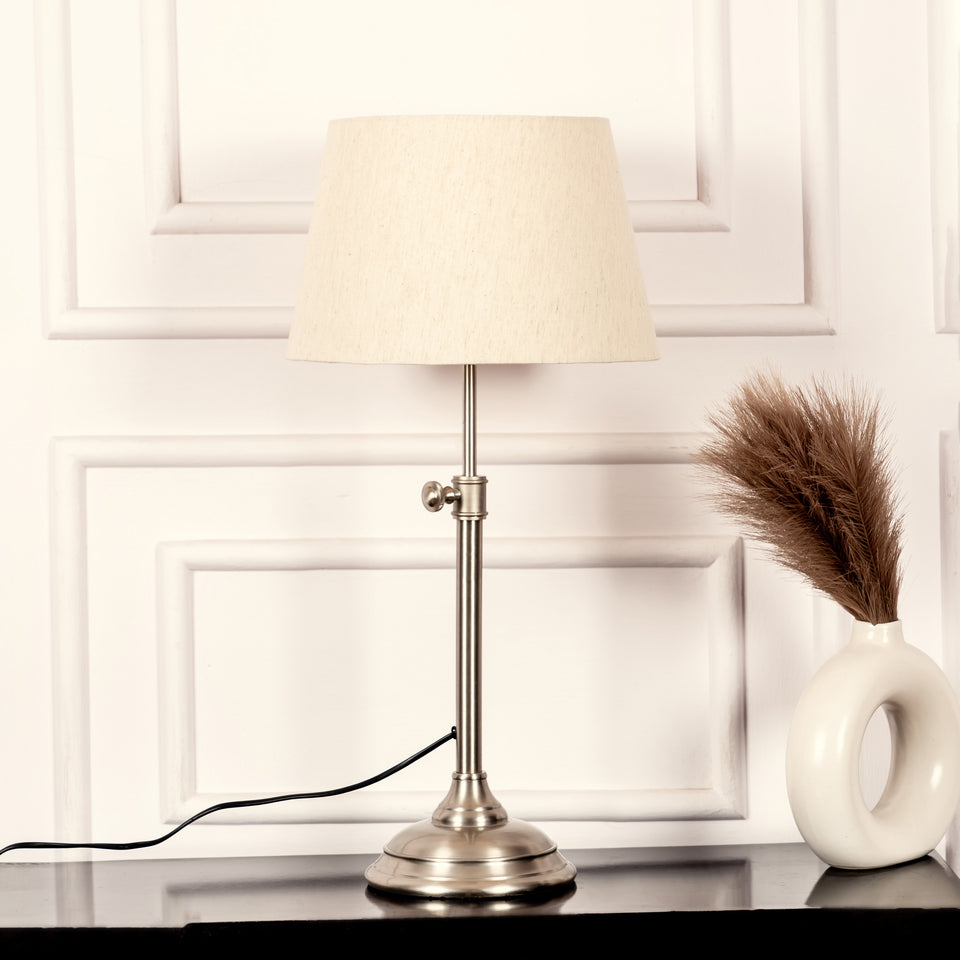 Divine Trends Satin Nickel Finish Adjustable Height Table Lamp with Off White 12 inches Lampshade