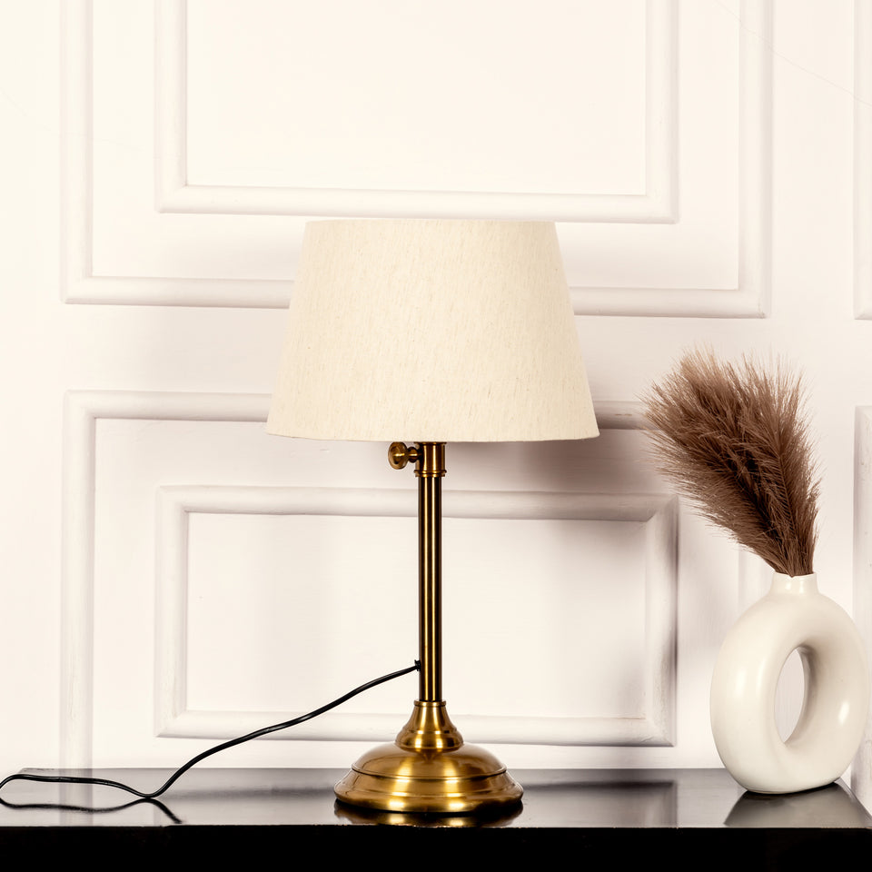 Divine Trends Brass Antique Finish Adjustable Height Table Lamp with Off White 12 inches Lampshade