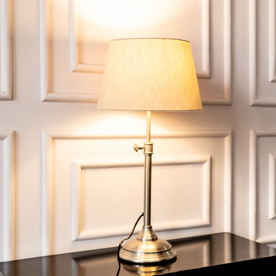 Divine Trends Satin Nickel Finish Adjustable Height Table Lamp with Off White 12 inches Lampshade