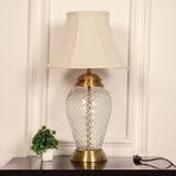 Divine Trends Glass Table Lamp Royal Brass Antique Finish Diamond Cut Glass Off White Bell 14 inches Lampshade Bedside, Living Room, Bedroom, Home Decoration, Hotel