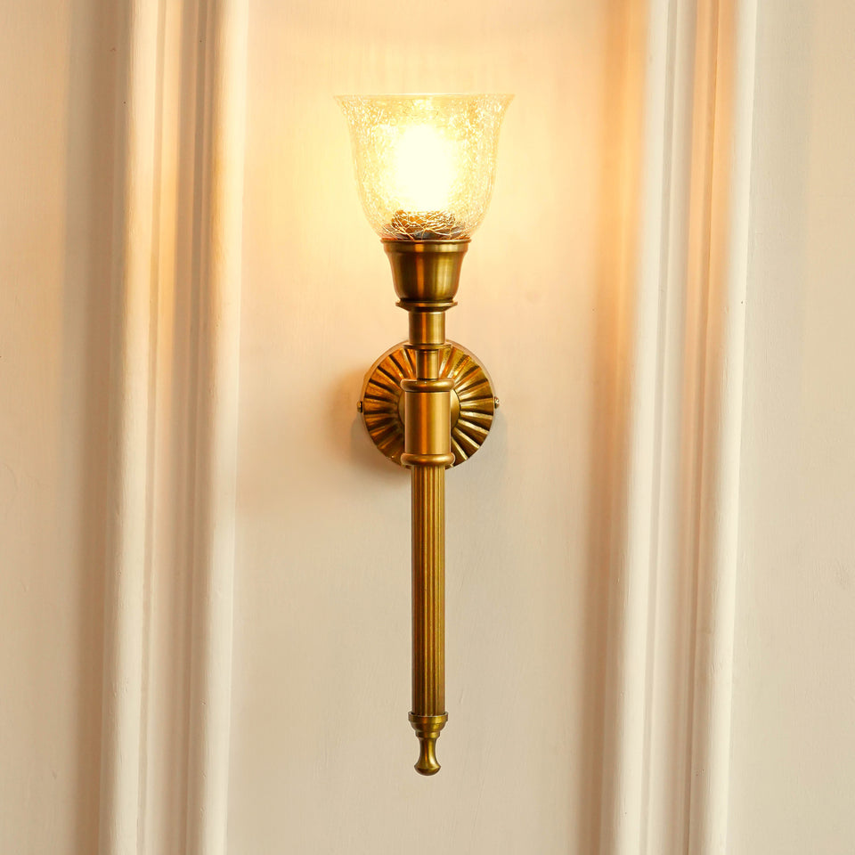 Divine Trends Brass Antique Finish Corrugated Wall Lamp with Cup Crackled Glass Golden Luster Shade