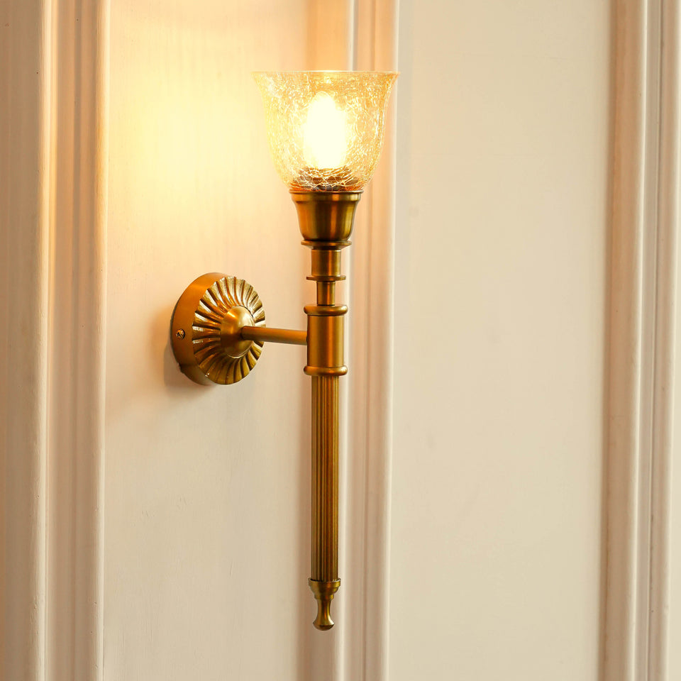 Divine Trends Brass Antique Finish Corrugated Wall Lamp with Cup Crackled Glass Golden Luster Shade