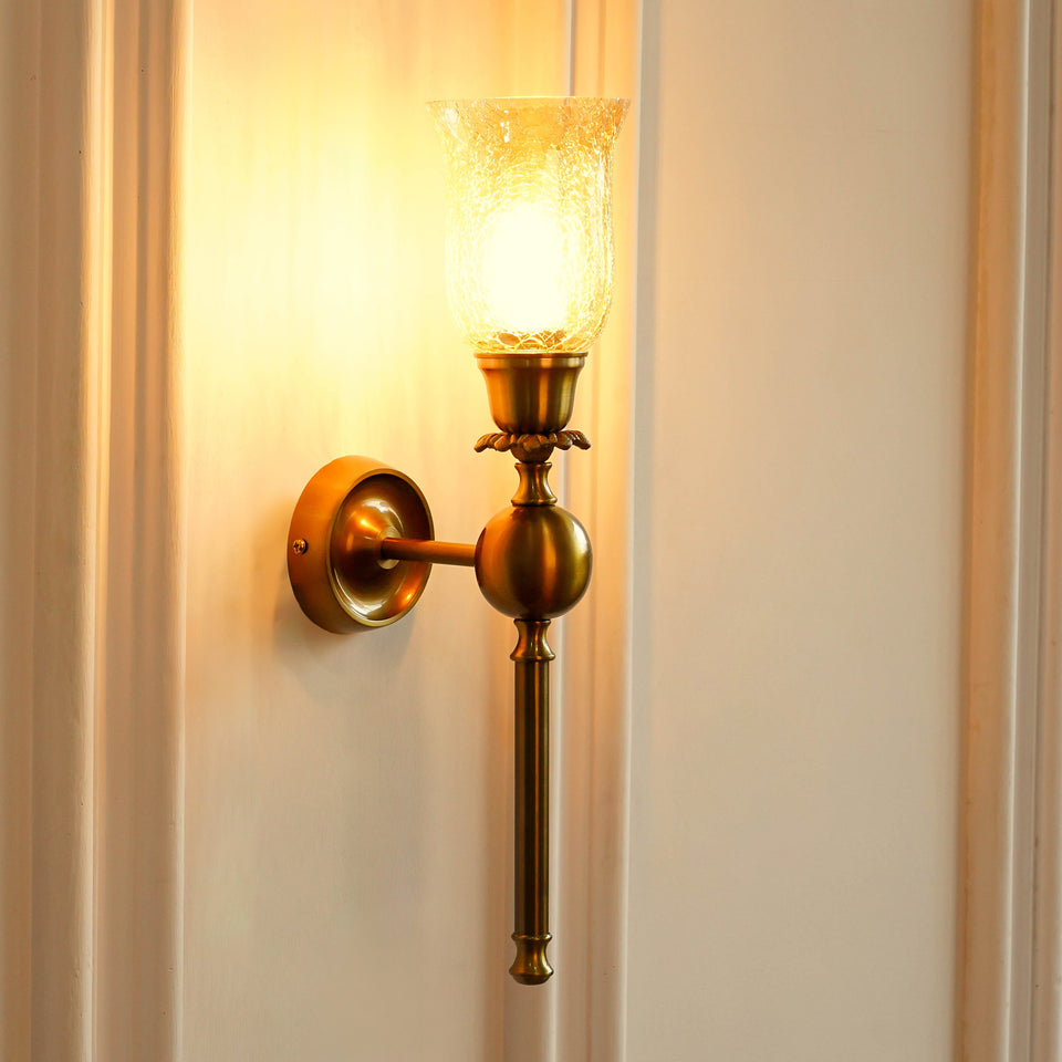 Divine Trends Brass Antique Finish Ball Wall Lamp with Chimney Crackled Glass Golden Luster Shade