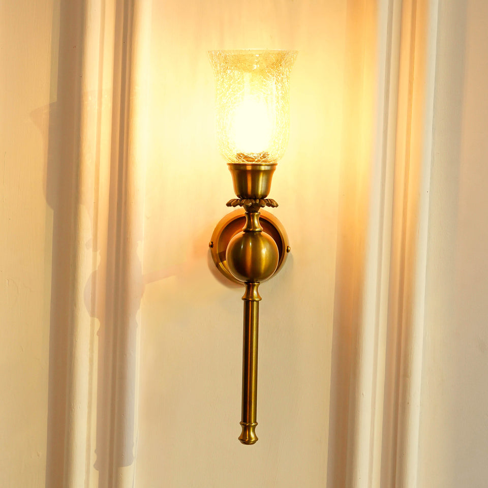 Divine Trends Brass Antique Finish Ball Wall Lamp with Chimney Crackled Glass Golden Luster Shade