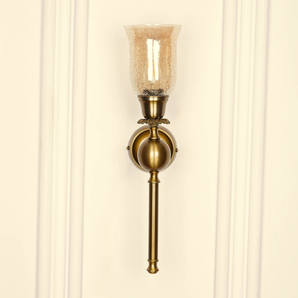 Divine Trends Brass Antique Finish Ball Wall Lamp with Chimney Crackled Glass Golden Luster Shade