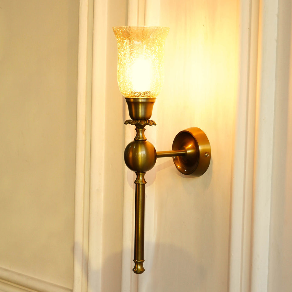 Divine Trends Brass Antique Finish Ball Wall Lamp with Chimney Crackled Glass Golden Luster Shade