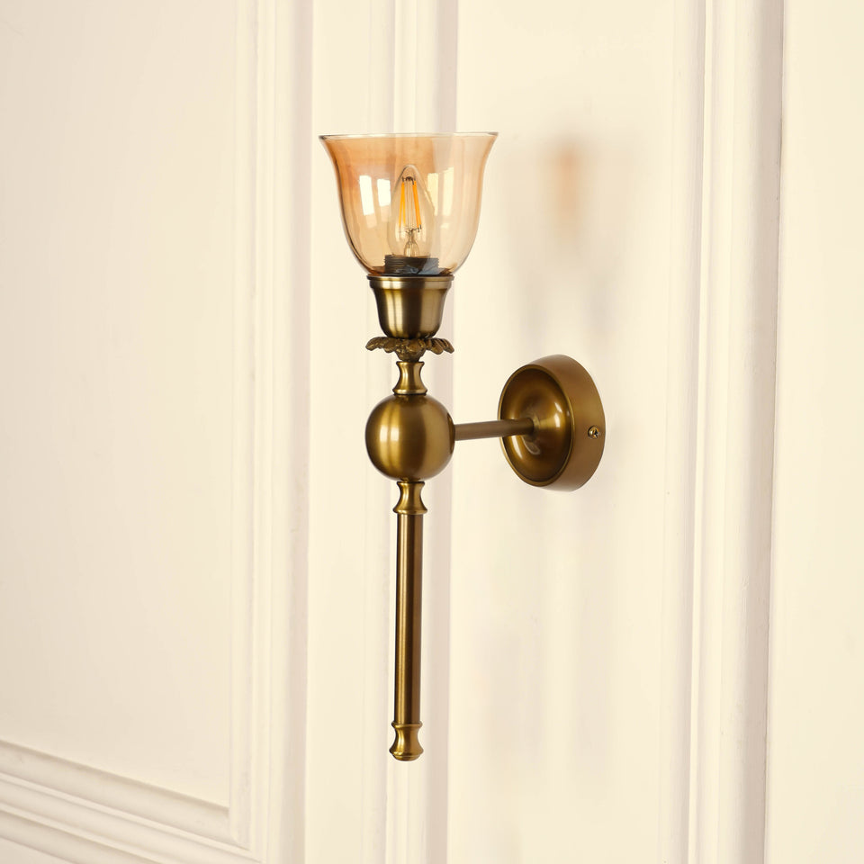 Divine Trends Brass Antique Finish Ball Wall Lamp with Cup Glass Golden Luster Shade