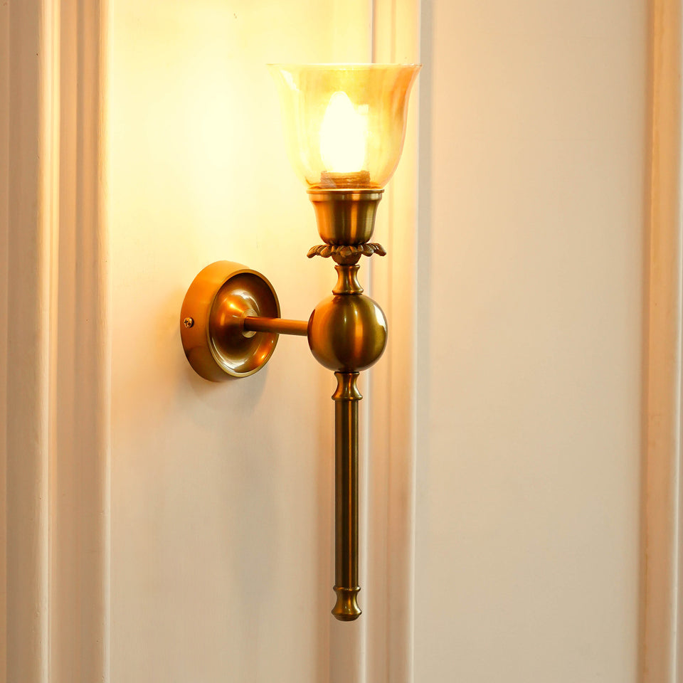 Divine Trends Brass Antique Finish Ball Wall Lamp with Cup Glass Golden Luster Shade