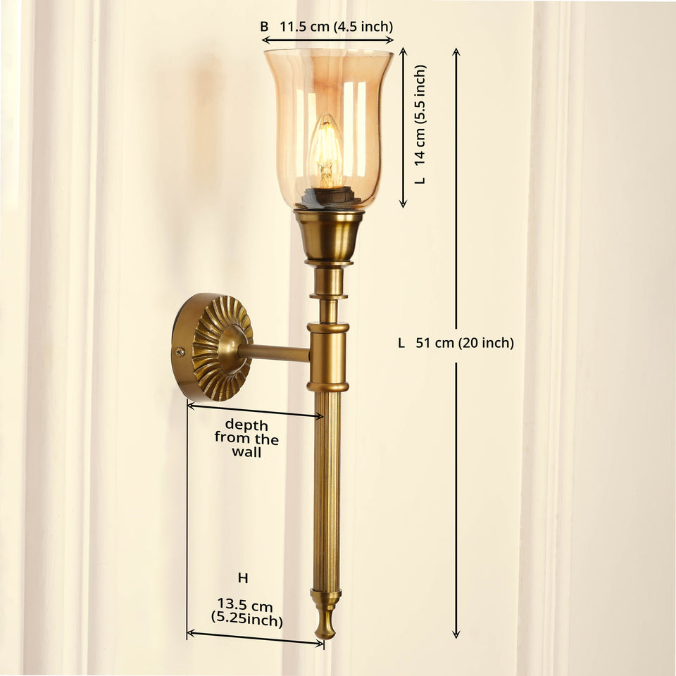 Divine Trends Brass Antique Finish Corrugated Wall Lamp with Chimney Glass Golden Luster Shade