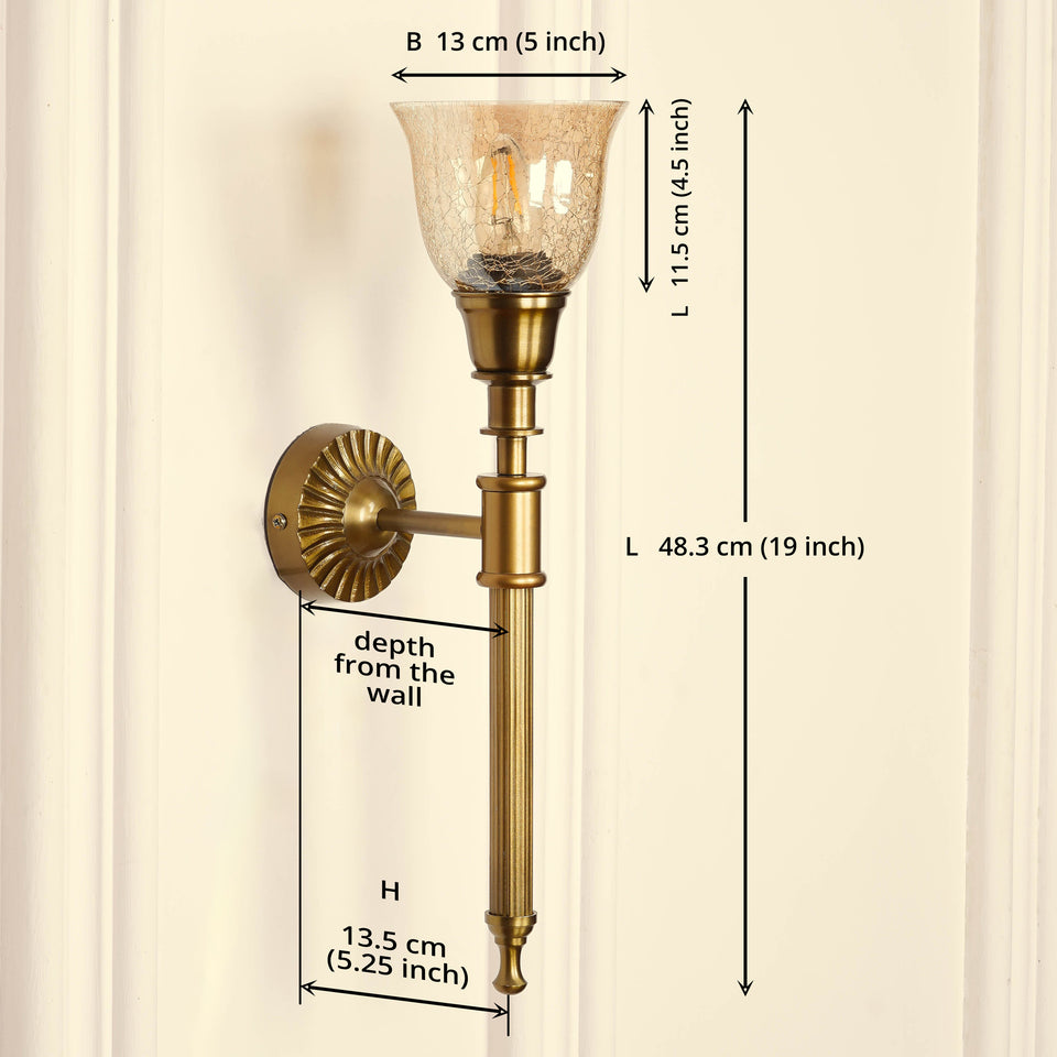 Divine Trends Brass Antique Finish Corrugated Wall Lamp with Cup Crackled Glass Golden Luster Shade