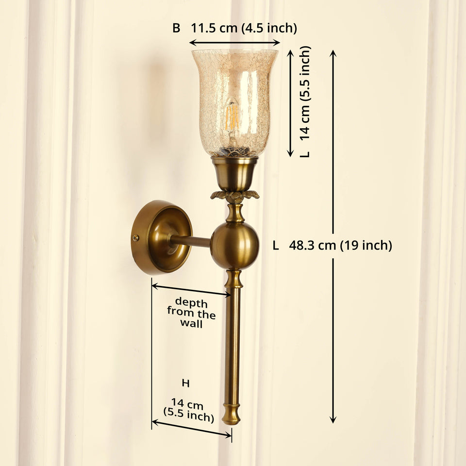 Divine Trends Brass Antique Finish Ball Wall Lamp with Chimney Crackled Glass Golden Luster Shade