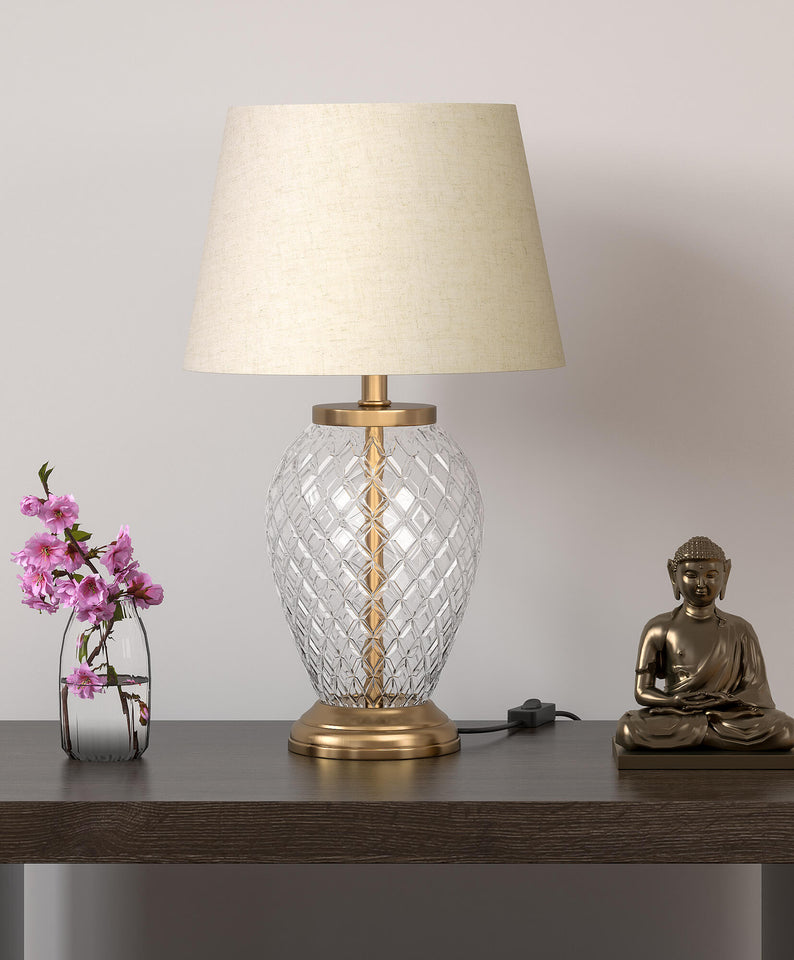 Glass Table Lamp Brass Antique for Living room, Bedroom with Off White Lamp Shade - Diamond Cut Glass design 19 Inches Height