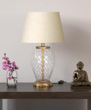 Glass Table Lamp Brass Antique for Living room, Bedroom with Off White Lamp Shade - Diamond Cut Glass design 19 Inches Height