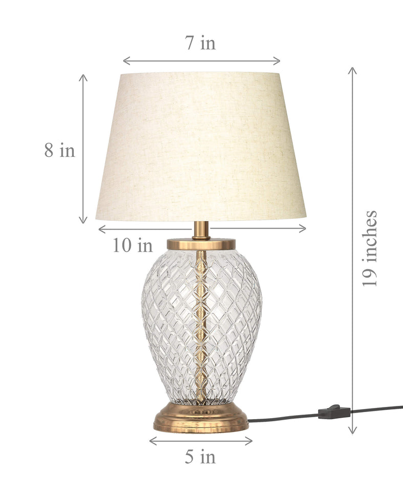 Glass Table Lamp Brass Antique for Living room, Bedroom with Off White Lamp Shade - Diamond Cut Glass design 19 Inches Height