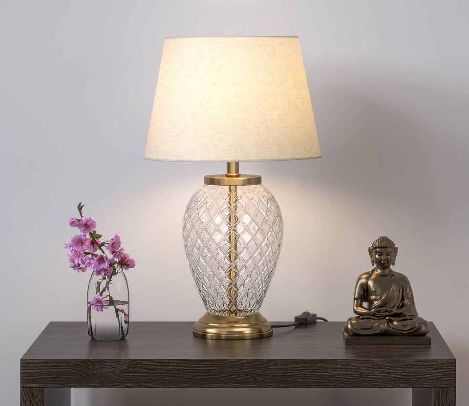 Glass Table Lamp Brass Antique for Living room, Bedroom with Off White Lamp Shade - Diamond Cut Glass design 19 Inches Height