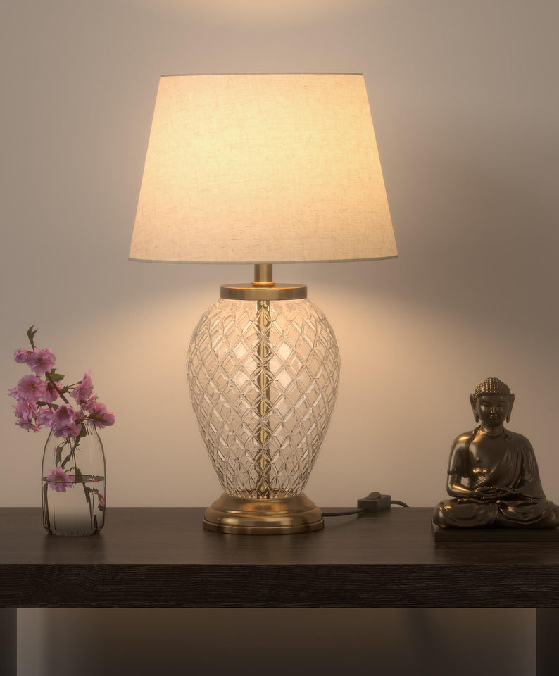Glass Table Lamp Brass Antique for Living room, Bedroom with Off White Lamp Shade - Diamond Cut Glass design 19 Inches Height