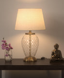 Glass Table Lamp Brass Antique for Living room, Bedroom with Off White Lamp Shade - Diamond Cut Glass design 19 Inches Height