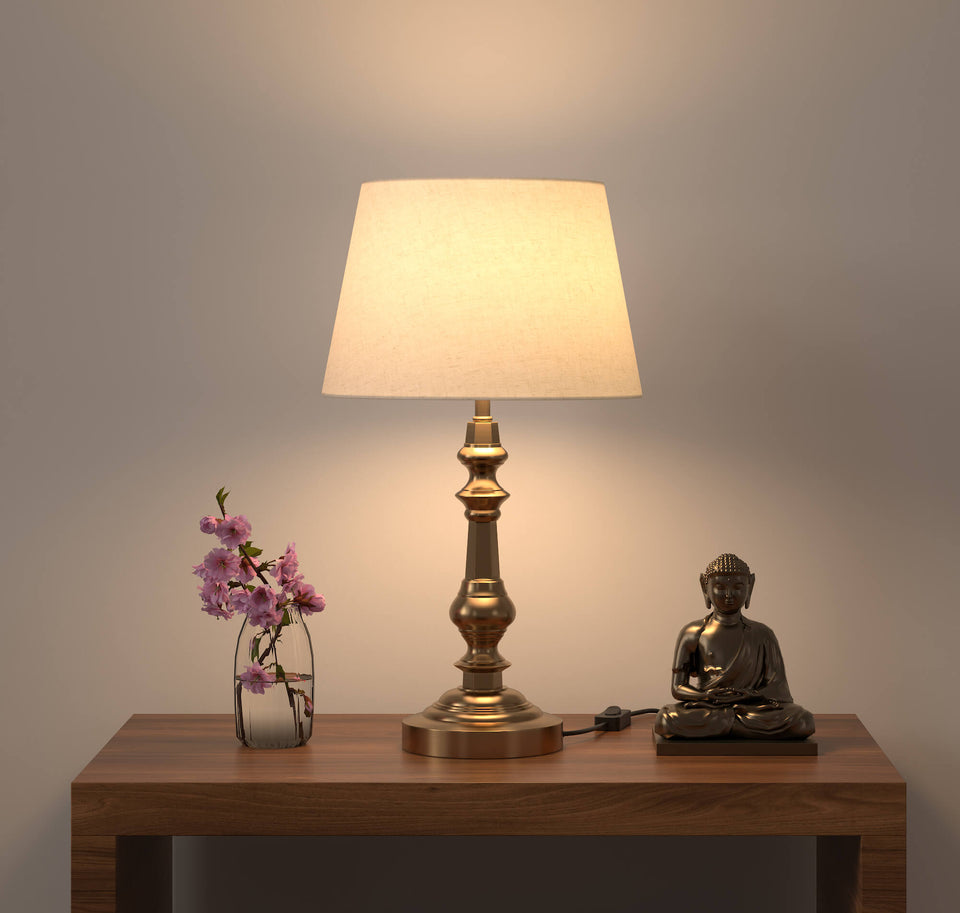 Table Lamp Brass Antique for Bedside, Living room with Off White Lamp Shade - Bedroom lamp 21 Inches Height