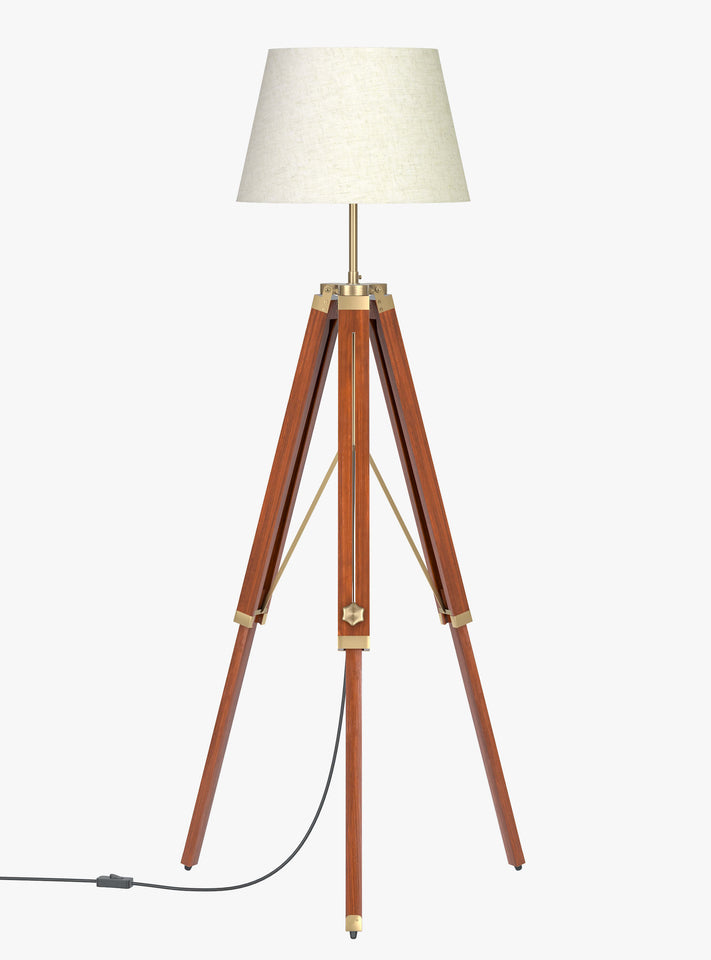Tripod Floor Lamp Standing Brown Polished Brass Antique for Living room, Bedroom - Adjustable height with Off white Lamp shade