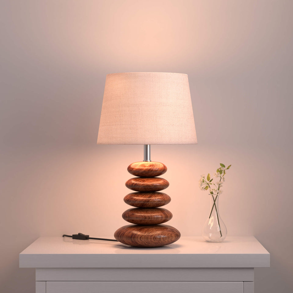 Wooden Pebble Table Lamp 18 Inches Height With 10 Inches Diameter Lamp Shade For Bedroom, Bedside, Living Room, Home Decoration, Hotel (Cream Jute, Pack of 1)