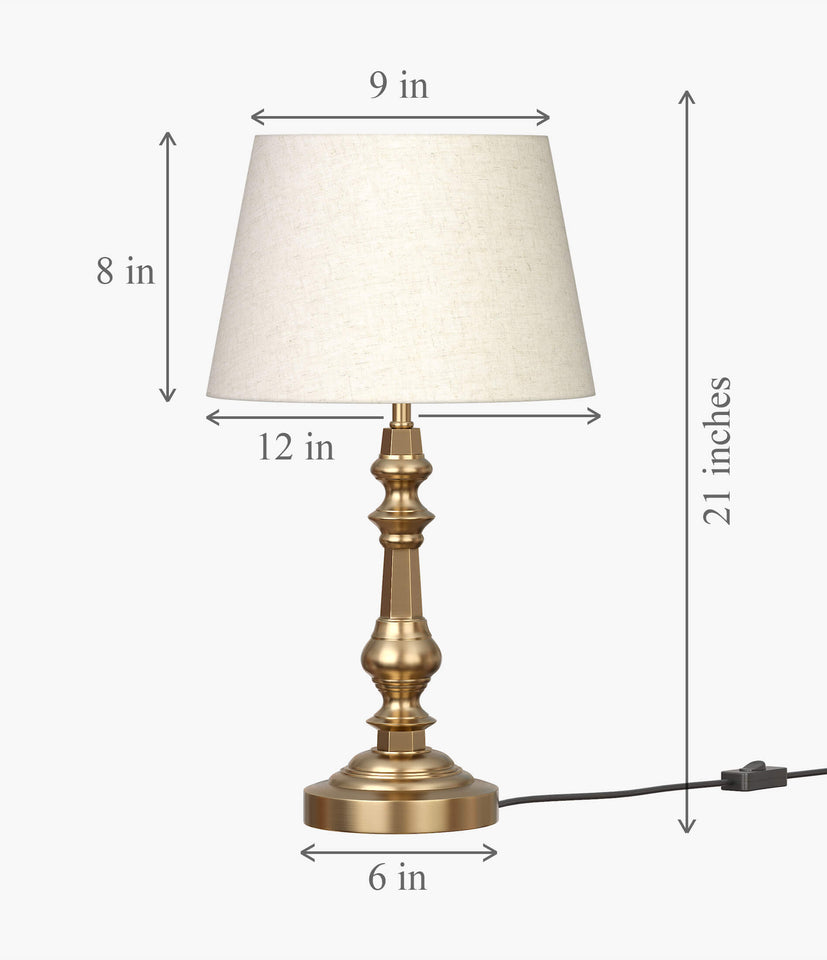 Table Lamp Brass Antique for Bedside, Living room with Off White Lamp Shade - Bedroom lamp 21 Inches Height