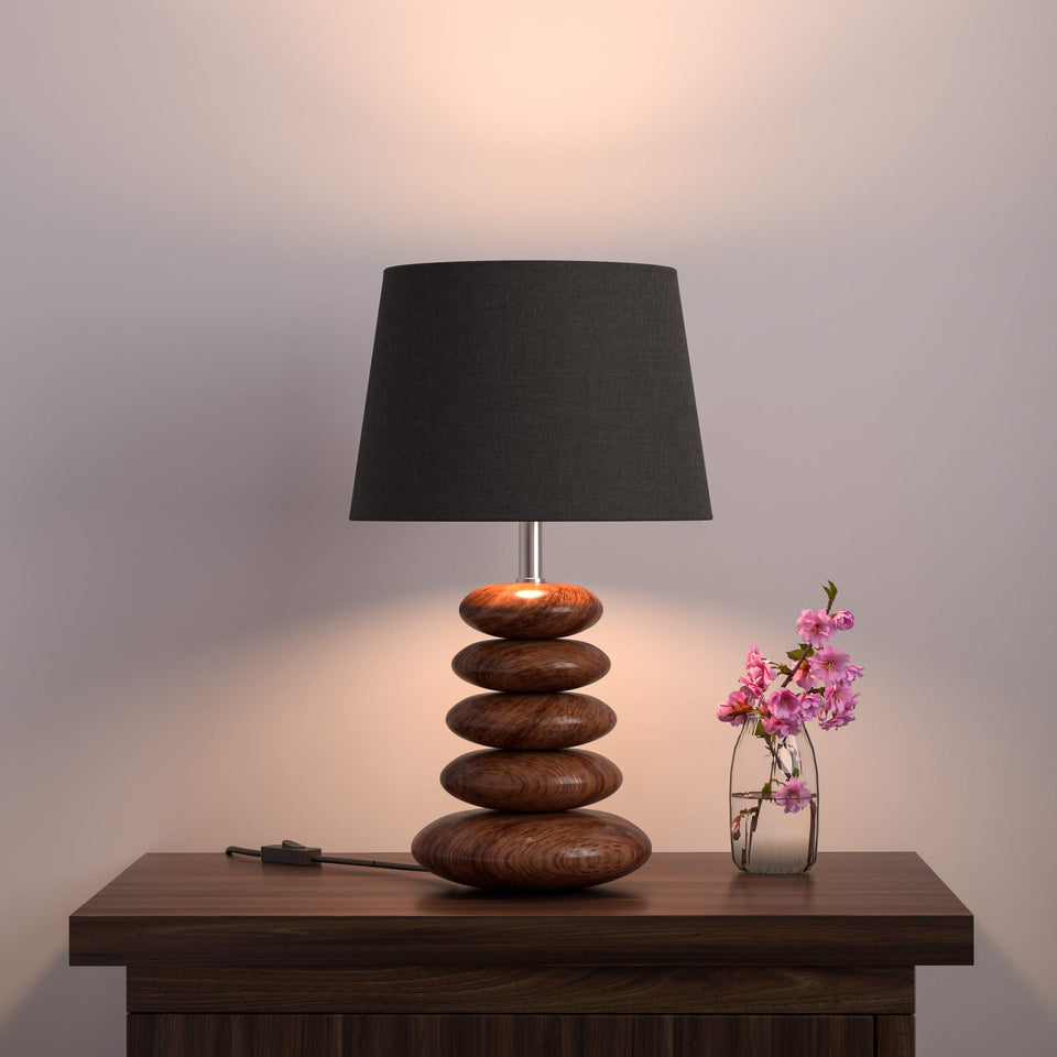 Pebble Wood Table Lamp for Bedroom, Bedside with Black Lamp Shade - 19 Inches Height