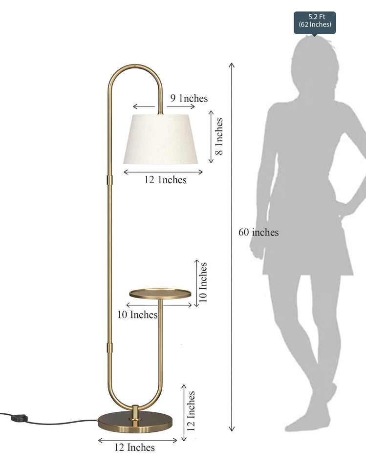 Modern Floor Lamp with Shelf for Living Room, Bedroom- Brass Antique with Off White Lamp Shade