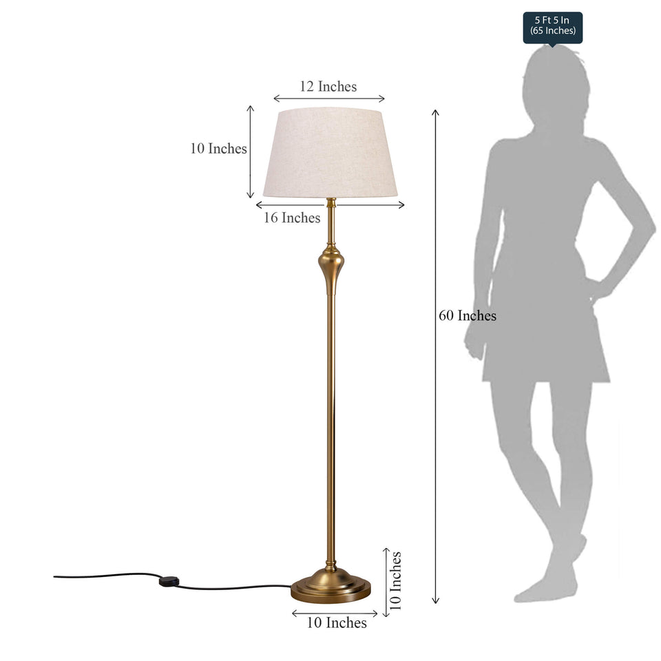Floor Lamp Standing Brass Antique for Living room, Bedroom - Royal Pedestal 5ft Height with Off White Lamp Shade