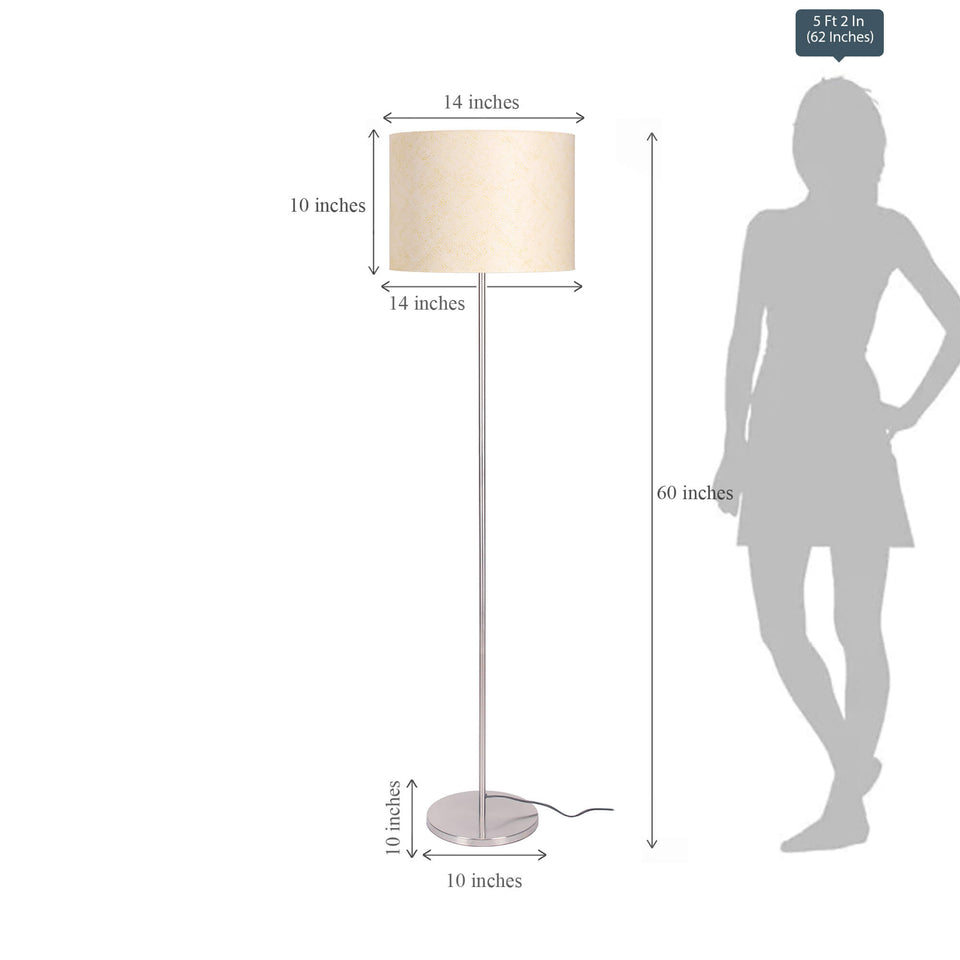 Modern Floor Lamp Standing for Living Room, Bedroom- Silver Satin Nickel, Sleek Pedestal 5ft Height with Off White Drum Lampshade