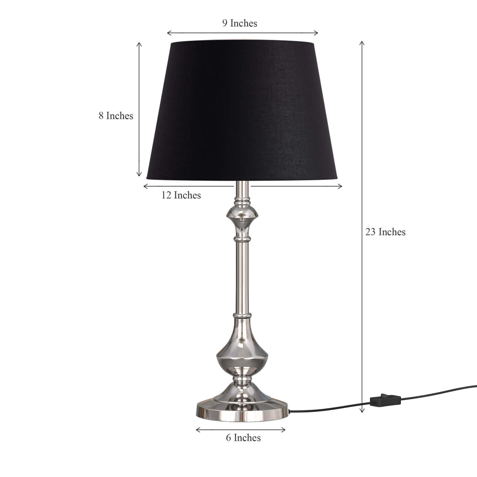 Sleek Table Lamp Silver Nickel for Living room, Bedside with Black Lamp Shade - Bedroom lamp 23 Inches Height