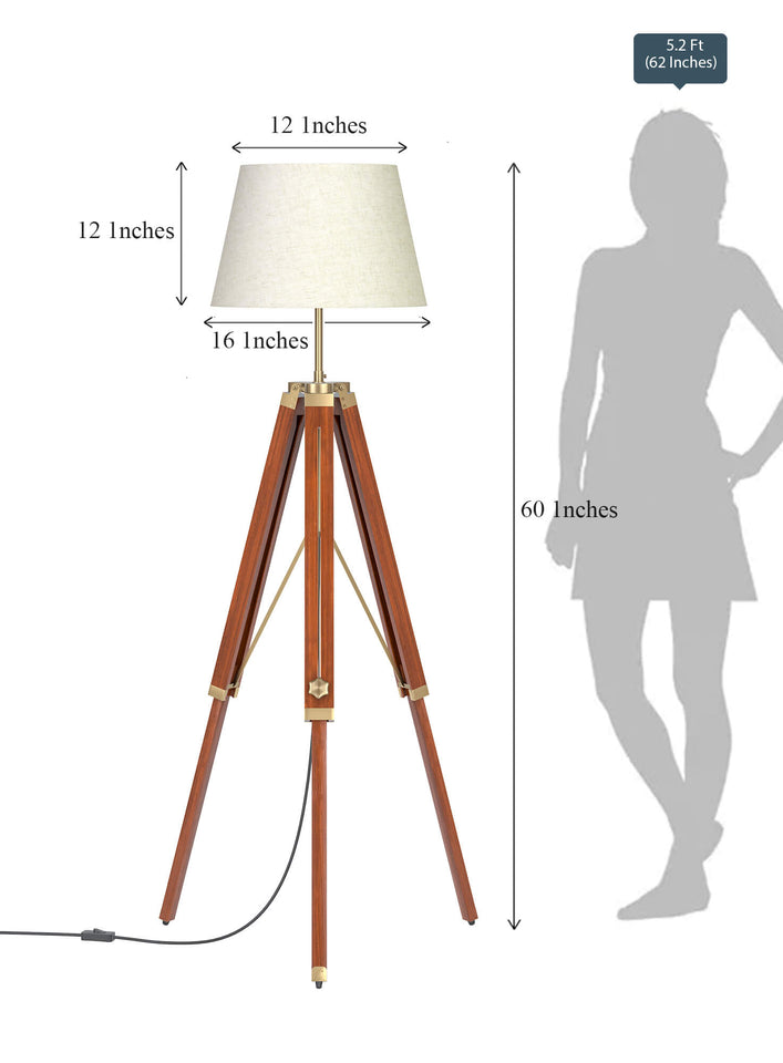 Tripod Floor Lamp Standing Brown Polished Brass Antique for Living room, Bedroom - Adjustable height with Off white Lamp shade
