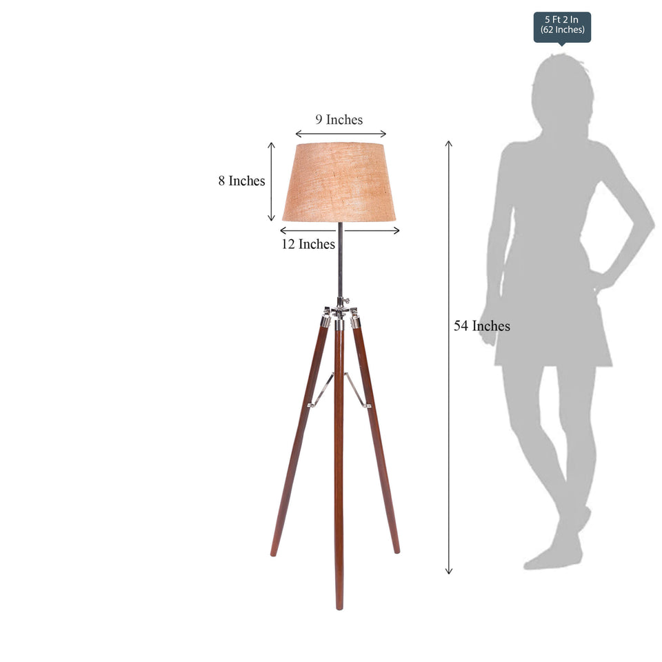 Vintage Sleek Tripod Floor Lamp Standing Brown Polished for Living Room, Bedroom- With Jute Lamp Shade