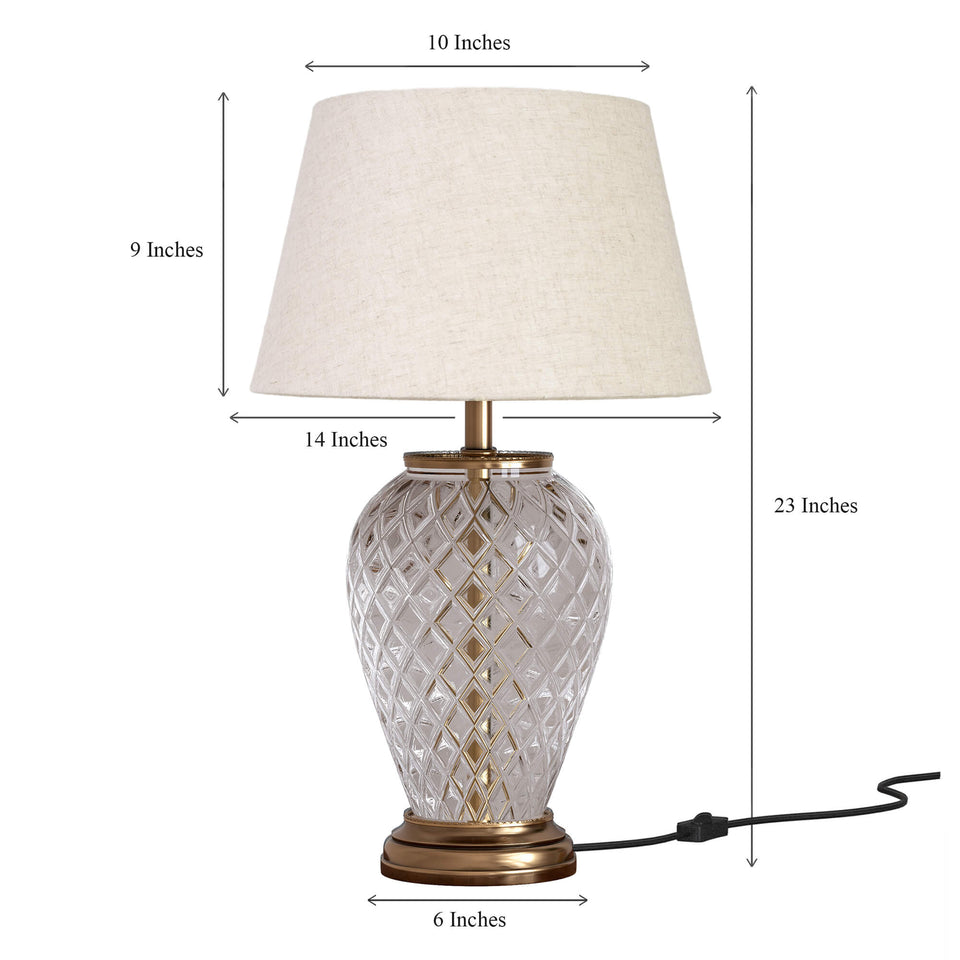 Divine Trends Glass Table Lamp Royal Brass Antique Finish Diamond Cut Glass Off White 14 inches Lampshade Bedside, Living Room, Bedroom, Home Decoration, Hotel