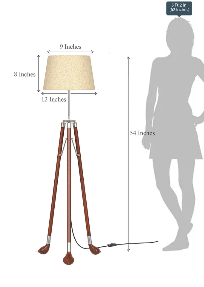 Golf Legs Tripod Floor Lamp Standing Brown Polished for Living room, Bedroom - Golf legs with Jute Lamp shade