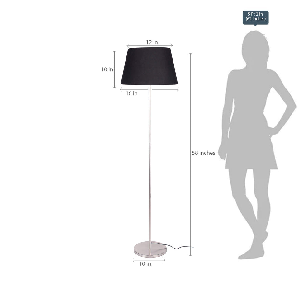 Modern Silver Floor Lamp Standing for Living Room, Bed Room- Satin Nickel, Sleek Design Pedestal 5ft Height with Black Lamp Shade
