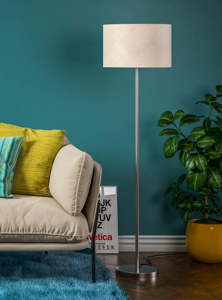 Modern Floor Lamp Standing for Living Room, Bedroom- Silver Satin Nickel, Sleek Pedestal 5ft Height with Off White Drum Lampshade