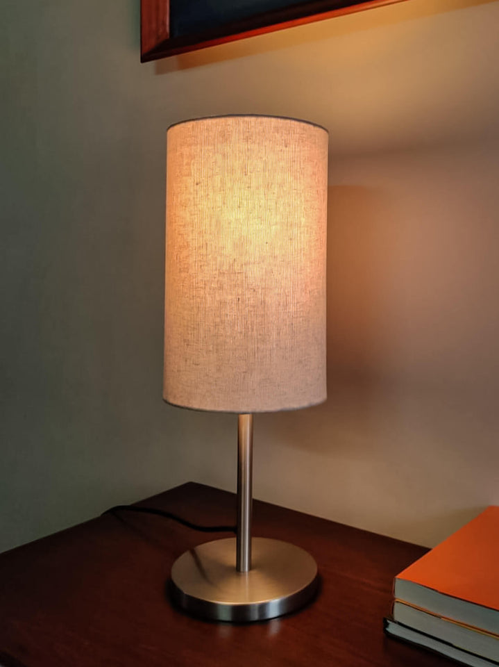 Table Lamp Silver Satin Nickel for Bedside, Living Room with Off White Cylinder Lamp Shade - Sleek Bedroom lamp 19 Inches Height