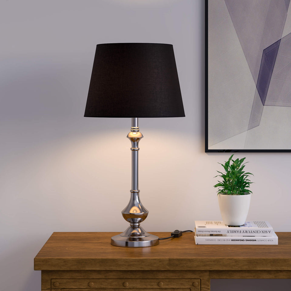 Sleek Table Lamp Silver Nickel for Living room, Bedside with Black Lamp Shade - Bedroom lamp 23 Inches Height