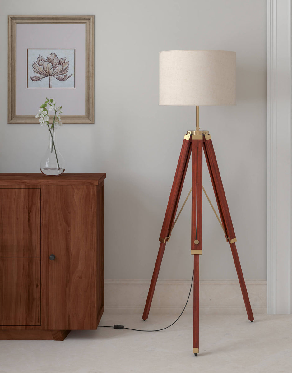 Fully handmade retro style Italian adjustable tripod floor lamp with factory shade, brown antique teak wood for home office decor, best for gifts