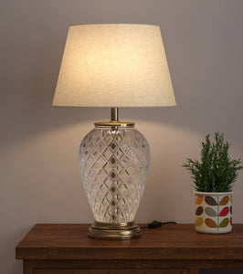 Divine Trends Glass Table Lamp Royal Brass Antique Finish Diamond Cut Glass Off White 14 inches Lampshade Bedside, Living Room, Bedroom, Home Decoration, Hotel