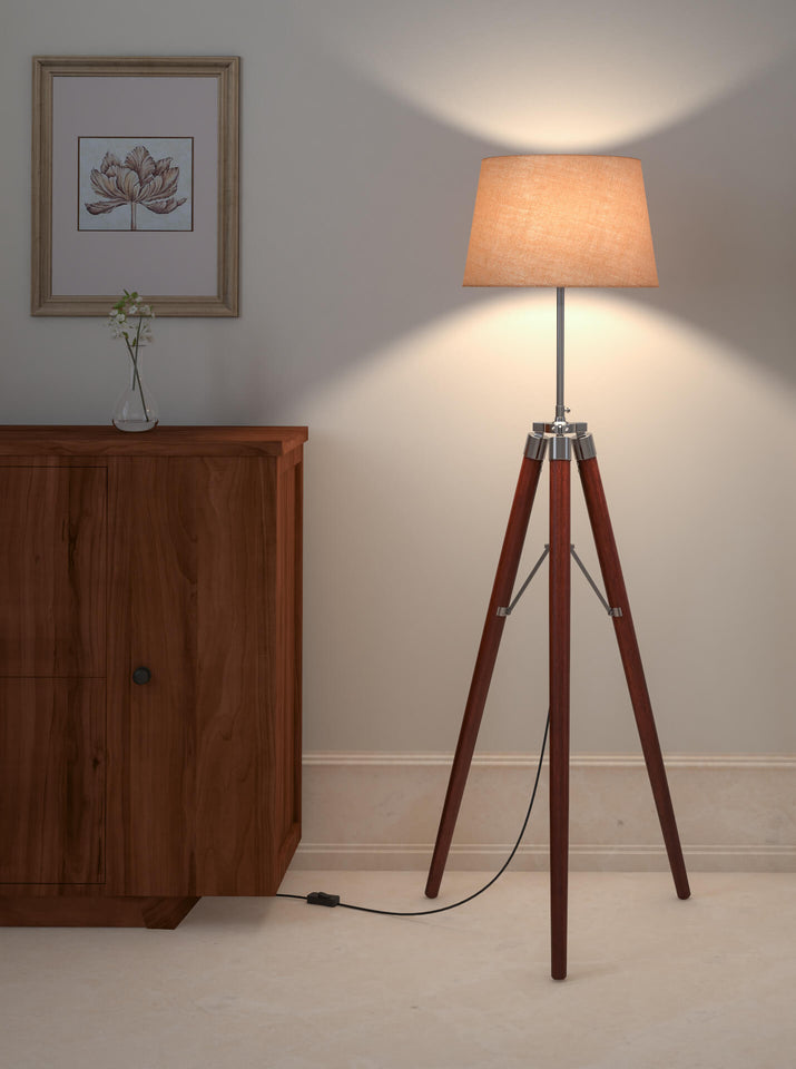 Vintage Sleek Tripod Floor Lamp Standing Brown Polished for Living Room, Bedroom- With Jute Lamp Shade