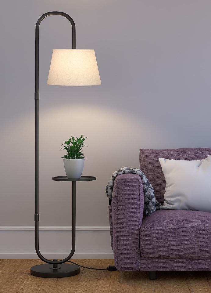 Divine Trends Modern Shelf Floor Lamp Standing Black 5ft Height with 10 Inches Shelf Diameter and Off White Lampshade